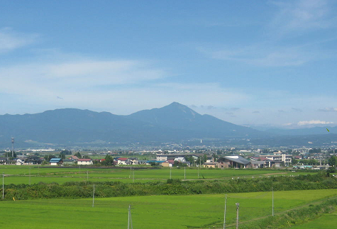 手前に田園風景が広がっており、奥には街並みや山並みを写した写真