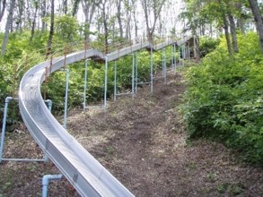 急な下りやカーブがあり、木々の中を滑るローラー滑り台の写真