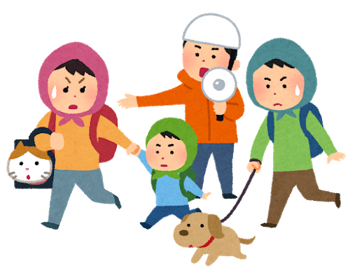 誘導係りの指示に従い、家族でペットを連れて避難をしているイラスト