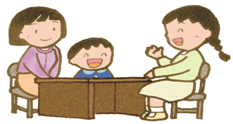 相談員の女性と話をしている母親と子供のイラスト