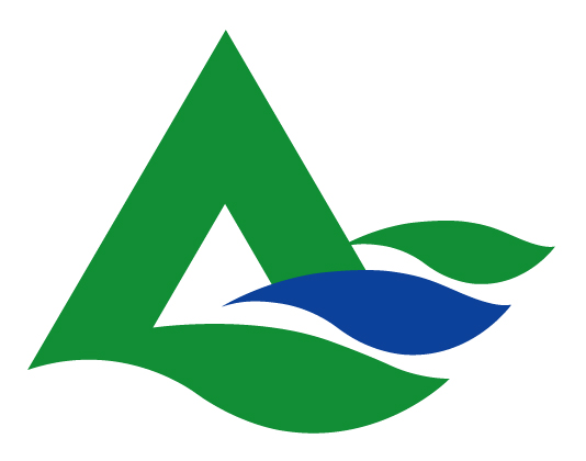 緑色と青色で会津美里町の「A」と「ミ」をモチーフにした町章