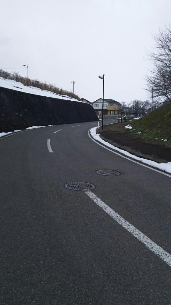 カーブになっている道路で、脇道には少しの雪が残っている写真