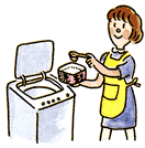 エプロンをつけた女性が、洗濯機に粉洗剤を入れようとしているイラスト