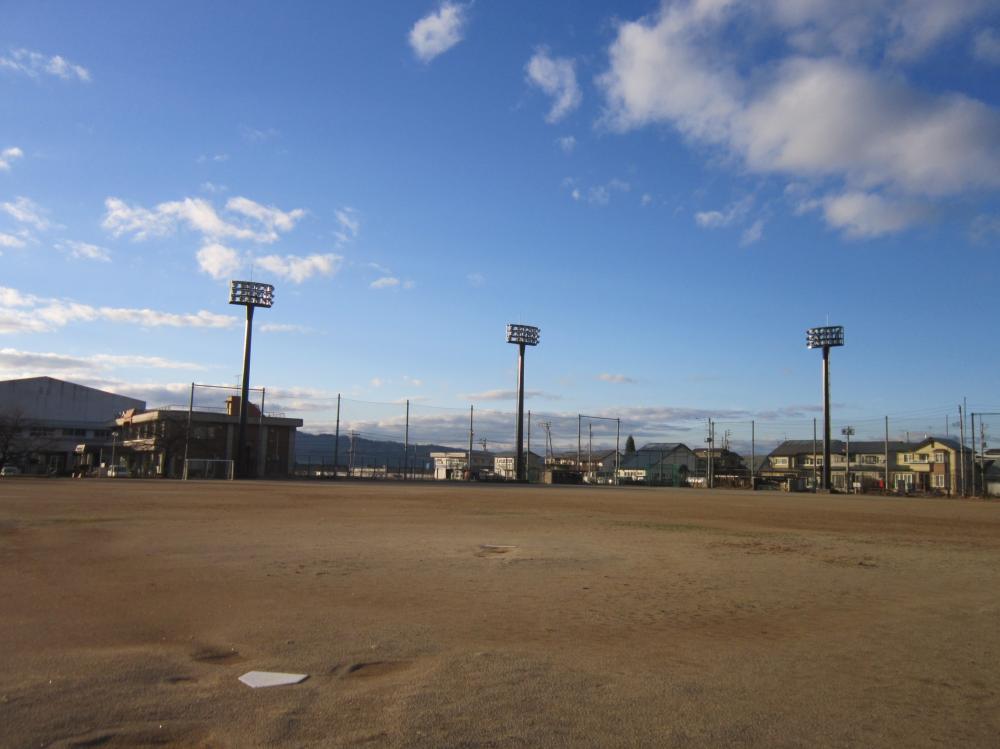 青空の下、奥にナイター照明が見える本郷運動場の写真